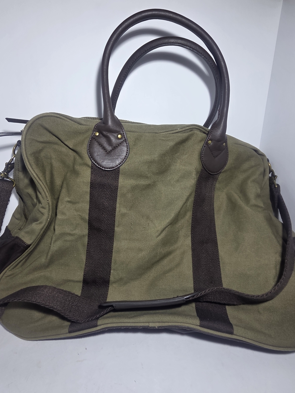 J. Crew Authentic Furnishings Olive Green Canvas Duffle Weekender Bag Leather
